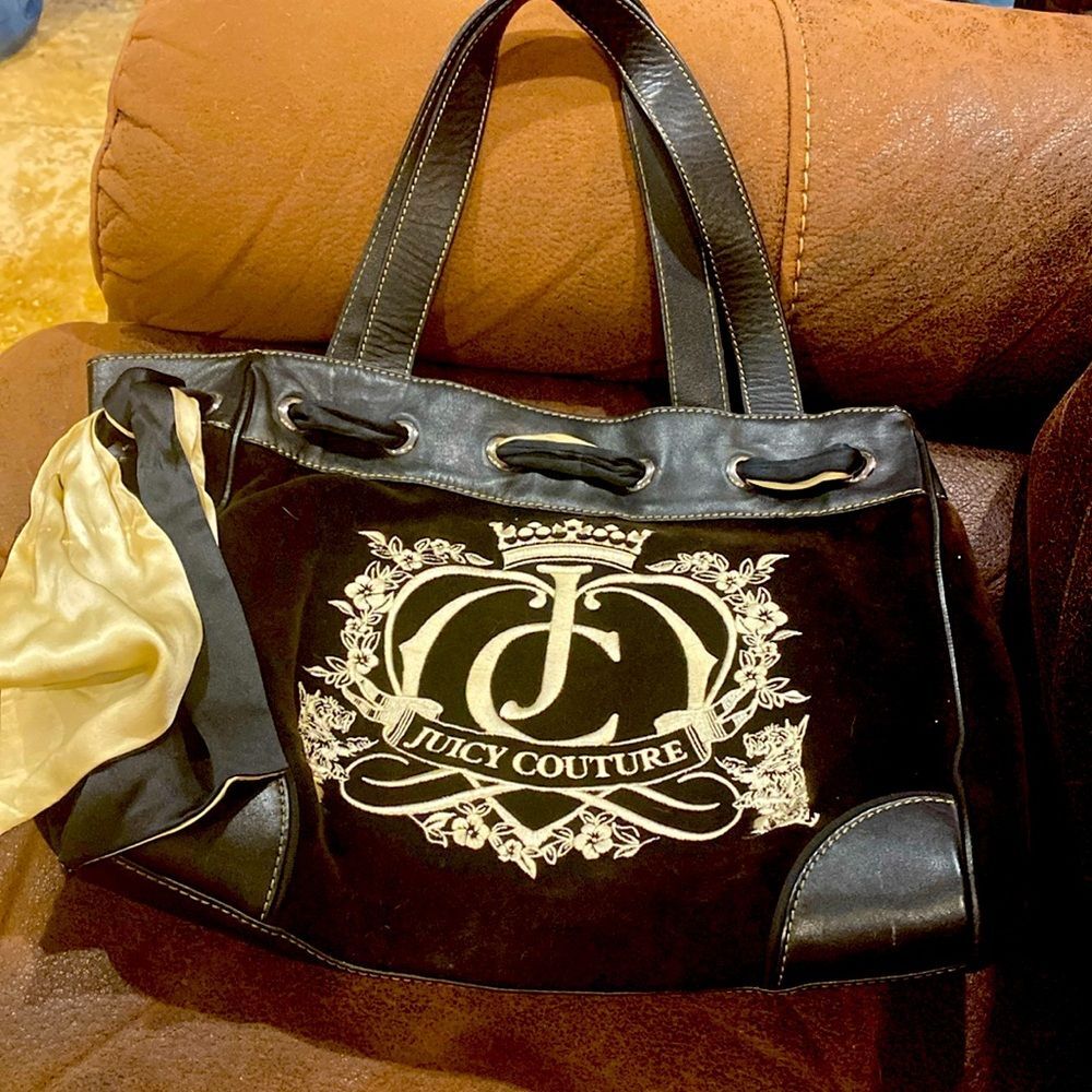 90s Juicy Couture Embroidered Purse with fabric tie approximately 12" x 9" x 5"